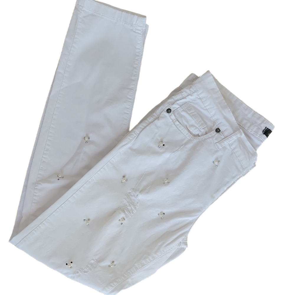 Sandro Ferrone White Distressed Pearl & Crystal Embellished Jeans